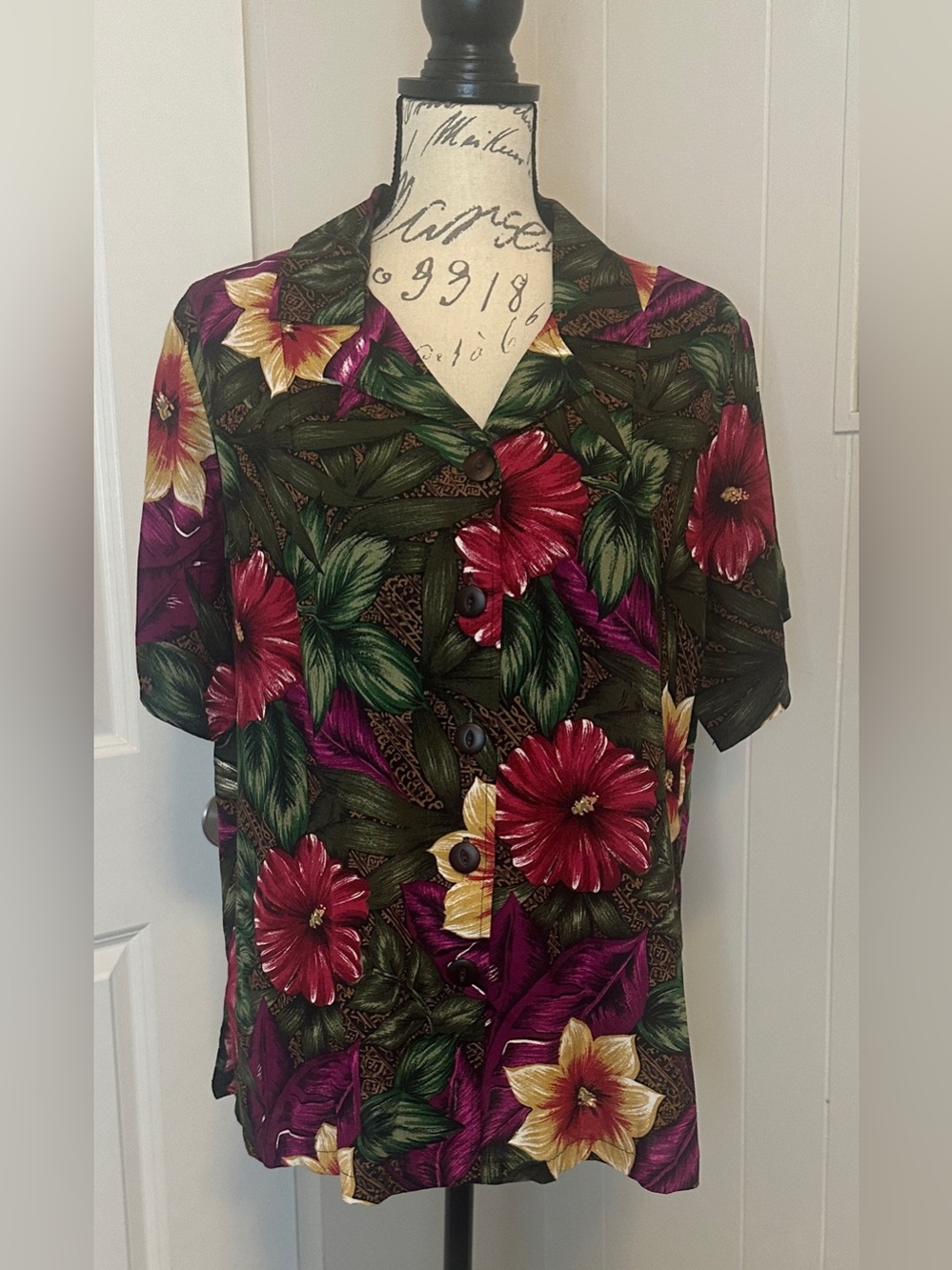 Vintage Bentley Hawaiian Shirt Top Button Down Floral Tropical Print Size Large